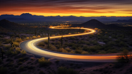 Wall Mural - bright light streaks on a winding road through a desert landscape. generative ai