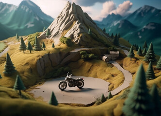 Wall Mural - Motorbike road trip snaking its way through a breathtaking mountain landscape, a lone motorcycle poised for an adventurous ride, a testament to the spirit of exploration.