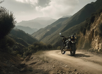 Wall Mural - Motorbike road trip snaking its way through a breathtaking mountain landscape, a lone motorcycle poised for an adventurous ride, a testament to the spirit of exploration.