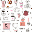 Coffee vector seamless pattern. Seamless background for coffee shop. Pattern with coffee cups, coffee machine