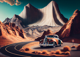 Wall Mural - An imposing desert mountain dominates the scene, its stark beauty contrasting with the lonely car on a dusty road, the vehicle's presence a symbol of resilience in the heart of this vast wilderness.