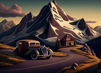 Wall Mural - An imposing desert mountain dominates the scene, its stark beauty contrasting with the lonely car on a dusty road, the vehicle's presence a symbol of resilience in the heart of this vast wilderness.