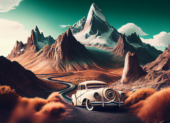 Wall Mural - An imposing desert mountain dominates the scene, its stark beauty contrasting with the lonely car on a dusty road, the vehicle's presence a symbol of resilience in the heart of this vast wilderness.