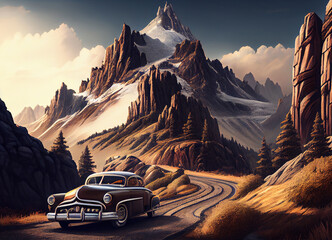 Wall Mural - An imposing desert mountain dominates the scene, its stark beauty contrasting with the lonely car on a dusty road, the vehicle's presence a symbol of resilience in the heart of this vast wilderness.