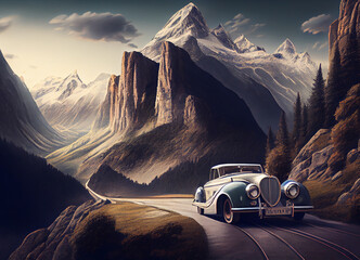 Wall Mural - An imposing desert mountain dominates the scene, its stark beauty contrasting with the lonely car on a dusty road, the vehicle's presence a symbol of resilience in the heart of this vast wilderness.