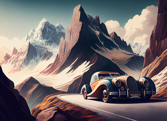 Wall Mural - An imposing desert mountain dominates the scene, its stark beauty contrasting with the lonely car on a dusty road, the vehicle's presence a symbol of resilience in the heart of this vast wilderness.