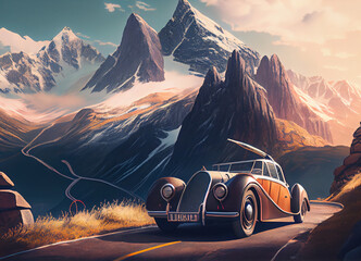 Wall Mural - An imposing desert mountain dominates the scene, its stark beauty contrasting with the lonely car on a dusty road, the vehicle's presence a symbol of resilience in the heart of this vast wilderness.