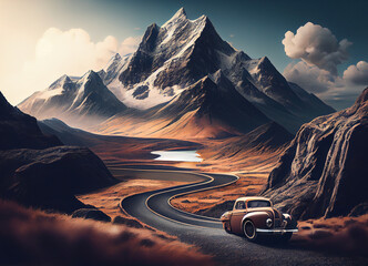 Wall Mural - An imposing desert mountain dominates the scene, its stark beauty contrasting with the lonely car on a dusty road, the vehicle's presence a symbol of resilience in the heart of this vast wilderness.