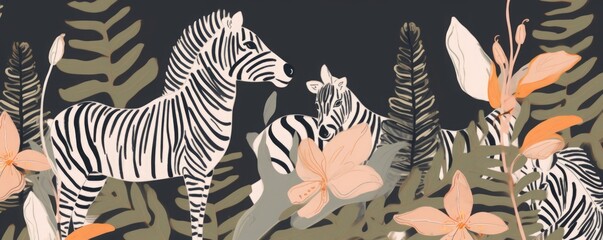 Hand drawn abstract floral pattern with zebras. Trendy collage contemporary seamless pattern. Natural colors. Fashionable template for design, Generative AI