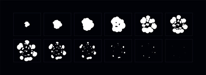 Wall Mural - Smoke animation. 2d cartoon smoke animated sprite sheet frames. Flash motion boom Exploding effect storyboard vector illustration set.