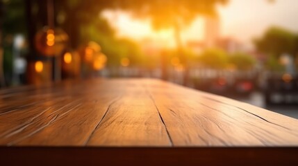 
Wooden table background of the restaurant view with cosy light, mockup, copy space, generative AI, selective focus
