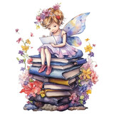 Cute fairy  reading a book Watercolor illustration, AI Generative