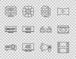 Poster - Set line Movie, film, media projector, Play Video, Cinema ticket, Screen tv with 4k, Monitor HD video, 16k, Megaphone and VHS cassette tape icon. Vector