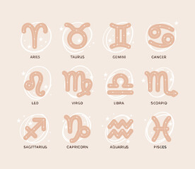 Wall Mural - a set of icons in a circle, 12 zodiac signs with the name, boho decor from stars, a collection of my