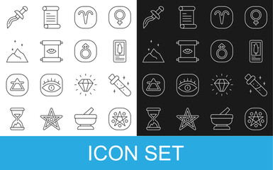 Sticker - Set line Pentagram in a circle, Bottle with potion, Tarot cards, Aries zodiac, Ancient magic scroll, Magic powder, Dagger and Mars icon. Vector