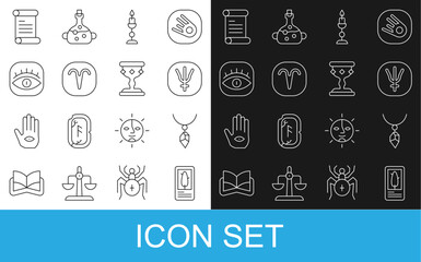 Canvas Print - Set line Tarot cards, Necklace with crystal, Neptune planet, Burning candle, Aries zodiac, Masons, Decree, parchment, scroll and Medieval goblet icon. Vector