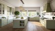 © Georgii - Modern spacious kitchen American European classic. Trendy pistachio fronts, white marble countertops, large kitchen island, natural wood flooring. Generative AI