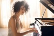 A young pianist, in an elegant suit, a professional concert performer plays the piano. Ai generated.