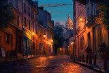 Fototapeta Uliczki - Street in Montmartre, Paris, in the evening, bright color. Generative Ai