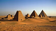 Background of egypt pyramids landscape with caravan of camels. Generative Ai