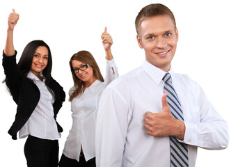 Canvas Print - Two confident businesswomen with man isolated on white background