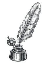 Quill Pen And Inkwell Graphic Black White Isolated Sketch Illustration Vector