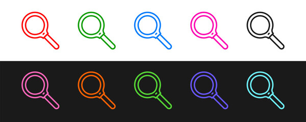 Poster - Set line Magnifying glass icon isolated on black and white background. Search, focus, zoom, business symbol. Vector