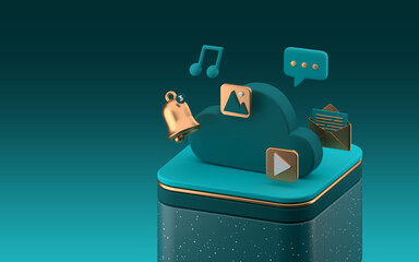 Poster - Cloud storage Media Platform, online social communication applications concept, message, music, video, notification and chat bubble floating on a platform on dark background. 3d rendering