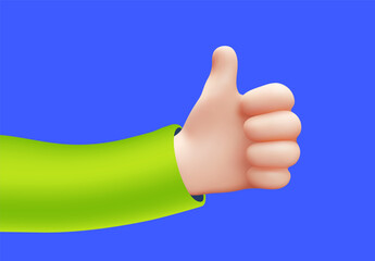 Wall Mural - Vector illustration of hand in green sleeve gesture thumb up sign good on blue color background. 3d style emoji design of man white skin hand