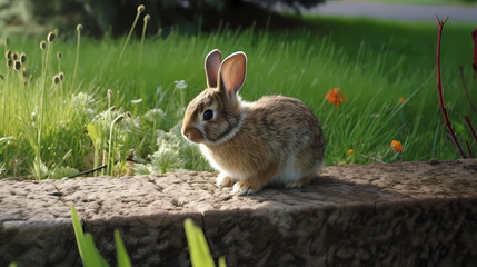 Realistic bunny rabbit on a stone block boulder near the grass in sunlight