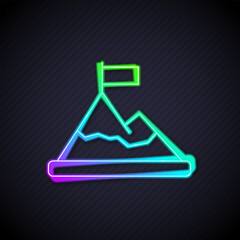 Poster - Glowing neon line Mountains with flag on top icon isolated on black background. Symbol of victory or success concept. Goal achievement. Vector