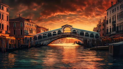 Wall Mural - Panoramic view of famous ponte vecchio with river arno at sunset in florence, italy. Generative Ai