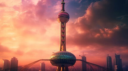 oriental pearl tower, bright color. generative ai