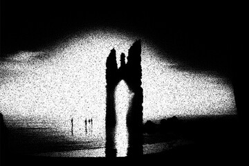 Poster - Ancient ruins in sci-fi scene with dotwork retro style. Mysterious gate debris with dramatic lights and retro texture