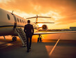 © MVProductions - Wealthy business male passenger entering private jet flight with the sunset in the background. Generative AI