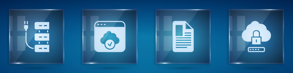 Poster - Set Server, Cloud technology data transfer, File document and computing lock. Square glass panels. Vector