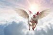 ein Schwein mit Flügeln, das über den blauen Himmel fliegt, a pig with wings flying above the blue sky,