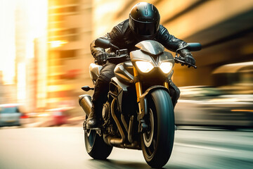 Thrilling high-speed motorcycle chase like movie scene, adrenaline ride, dangerous. Generative AI