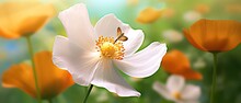 Beautiful White Flower Anemones In Fresh Spring Morning On Nature And Orange Butterfly On Green Background, Macro With Soft Focus. Elegant Amazing Artistic Image
