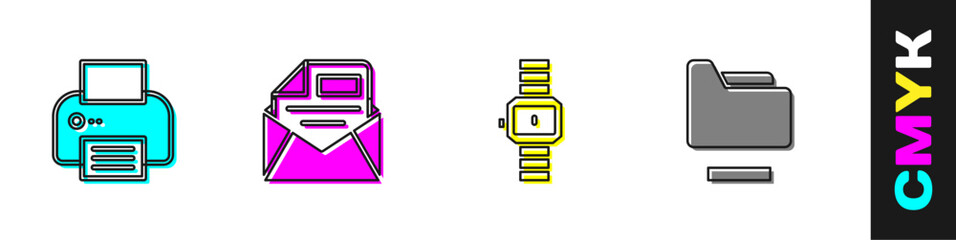 Poster - Set Printer, Mail and e-mail, Wrist watch and Document folder icon. Vector