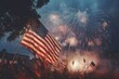 independence day fireworks display bursting against a backdrop of the American flag on the 4th of july, Generative AI