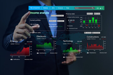 Wall Mural - Businessman analyzing investment earnings through dashboard on virtual screen with investments in various industries such as construction, technology, electronics, energy. Investment analysis concept.