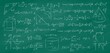 Green blackboard with math formulas. Chalk notes on graphite board, geometry lesson, drawings, letters and numbers, school tutor, vector set