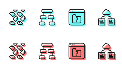 Poster - Set line File missing, Data stream, Hierarchy organogram chart and Cloud technology data transfer icon. Vector