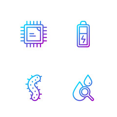 Poster - Set line Drop and magnifying glass, Virus, Processor CPU and Battery. Gradient color icons. Vector