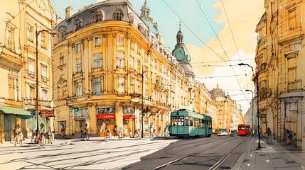 Naklejka na meble A sun-drenched city, vibrant and full of life, its streets adorned with colorful facades and bright flowers, the sunlight casting playful shadows that dance across the architecture.