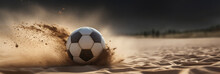 Classic Back And White Soccer Ball Kicking Up Sand On A Beach, Perfect Banner For Your Text, AI