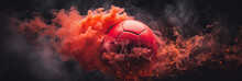 Illustration Of A Red Soccer Ball In Red Flames And Smoke At A Football Stadium, Creative Sport Wallpaper, AI