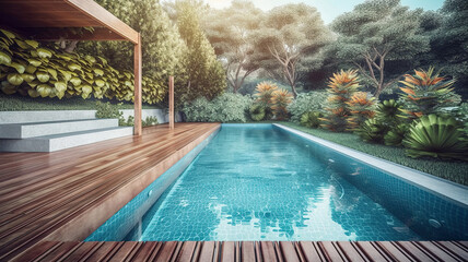 Wall Mural - swimming pool and decking in garden of luxury home. Generative Ai