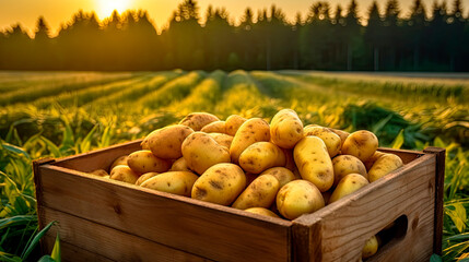 A wooden box with potatoes in a field. Generative AI